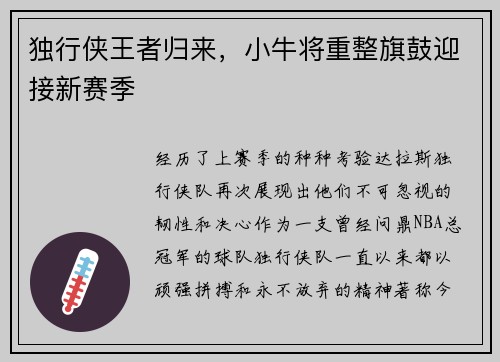 独行侠王者归来，小牛将重整旗鼓迎接新赛季